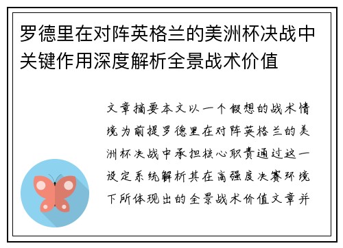 罗德里在对阵英格兰的美洲杯决战中关键作用深度解析全景战术价值