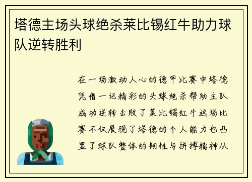 塔德主场头球绝杀莱比锡红牛助力球队逆转胜利 塔德主场头球绝杀莱比锡红牛助力球队逆转胜利